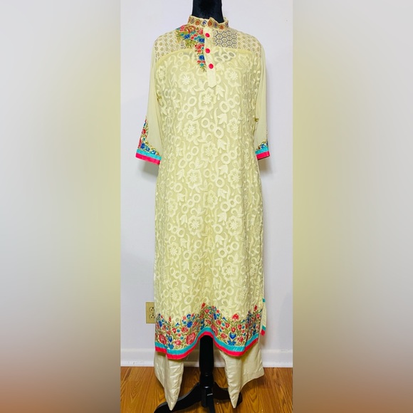 Indian Khaadi Pret Floral Embroidered Designer Multicolor Salwar Kameez 3 Pc - Picture 5 of 6